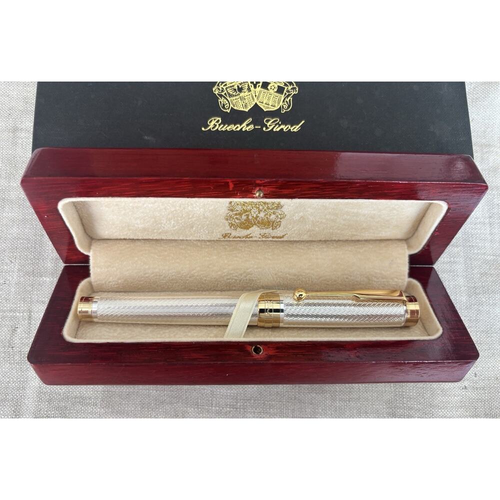 Vintage Bueche-Girod Fountain Pen Silver and Gold Godron Pattern Mint W Boxes